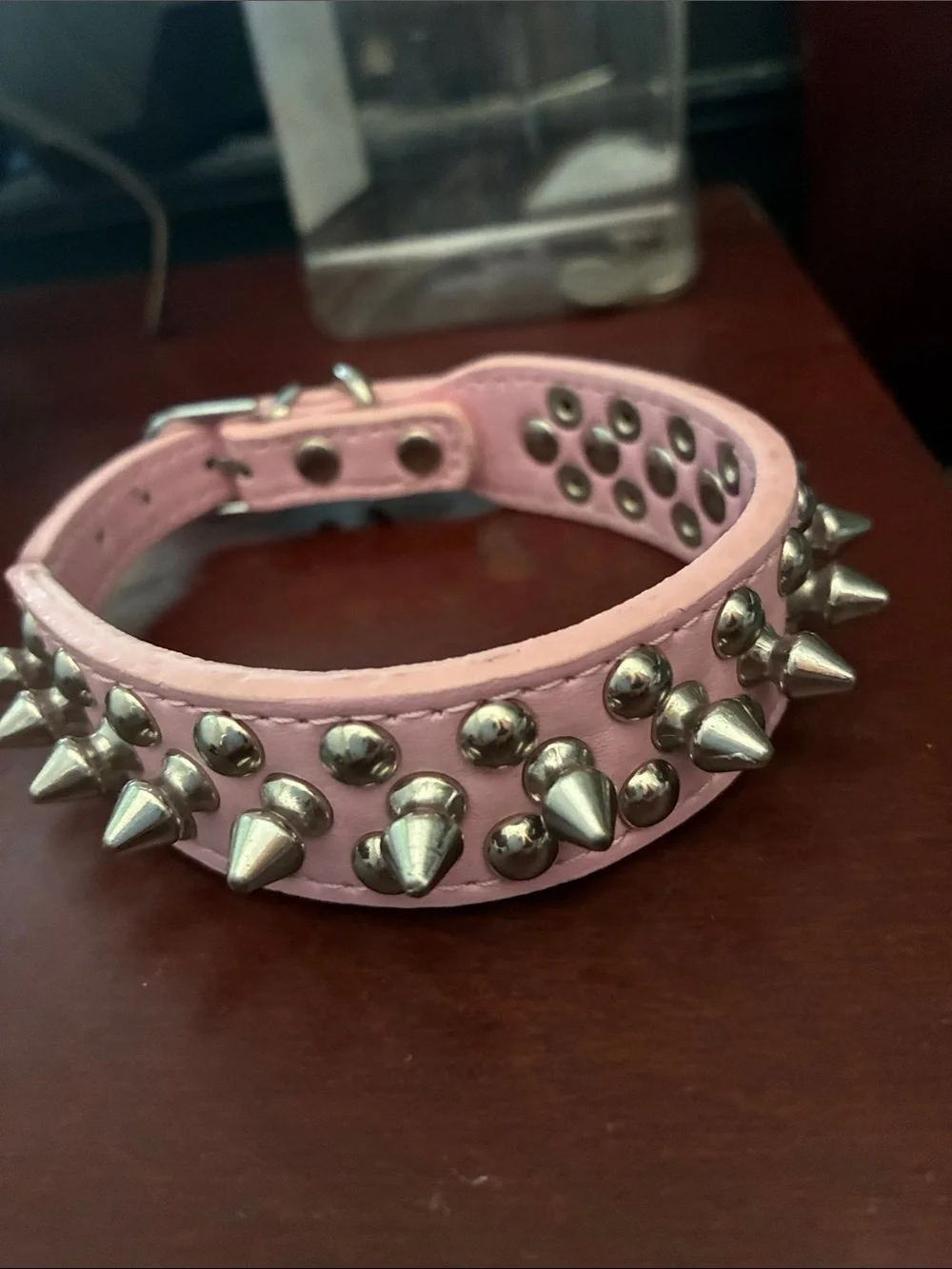 Pink Studded Spike Leather Collar